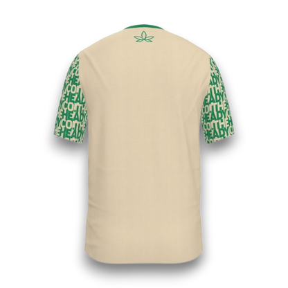 Beige t-shirt with green patterned sleeves 