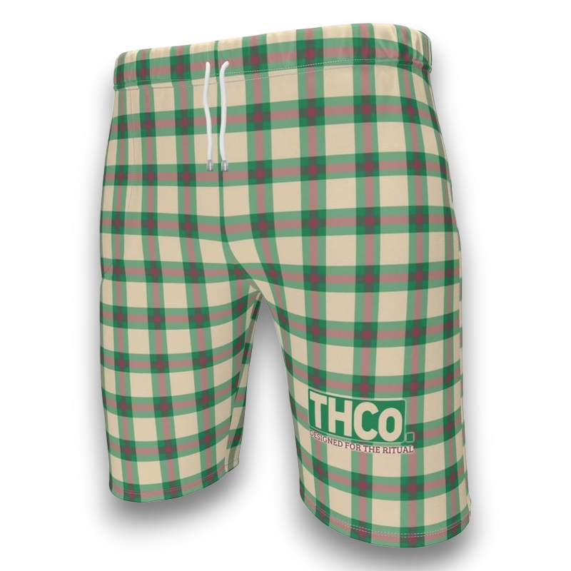 Plaid shorts with 'THCO' branding