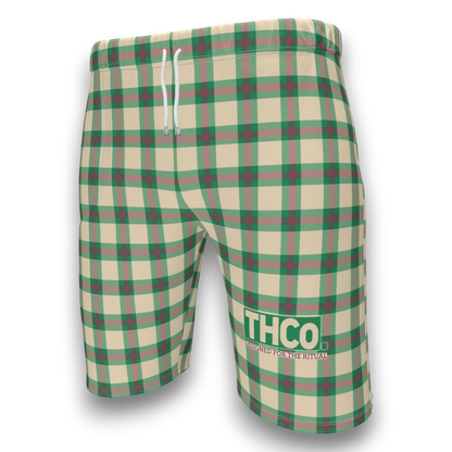 Plaid shorts with 'THCO' branding