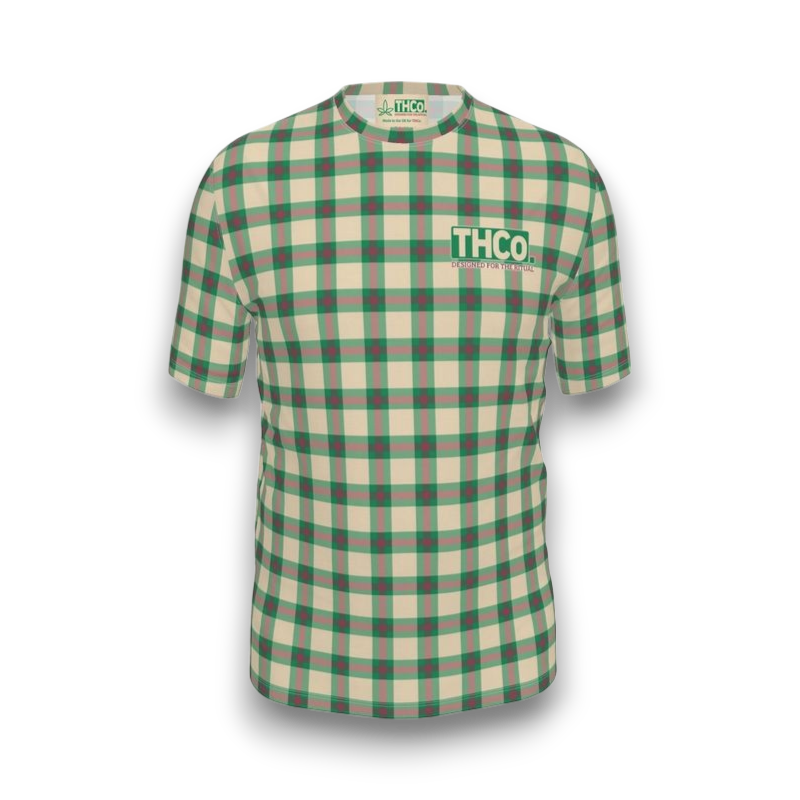 Green and beige checkered shirt with 'THCO' logo