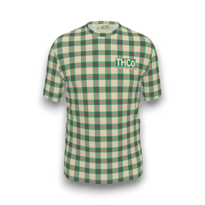 Green and beige checkered shirt with 'THCO' logo