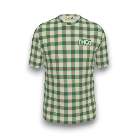Green and beige checkered shirt with 'THCO' logo